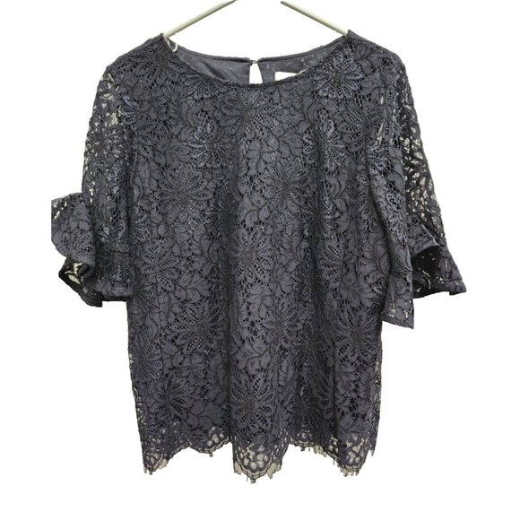 Nanette Lepore Lace Top Womens Medium Navy Ruffle Short Sleeve Fairy Romantic - Picture 1 of 9